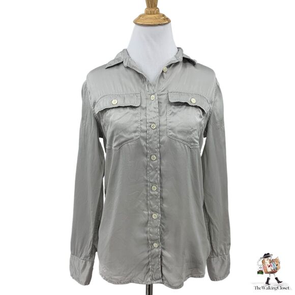 J.Crew Silk Shirt Womens 0 Silver 2011 Blythe Long Sleeve Button Front Pockets - Picture 1 of 11